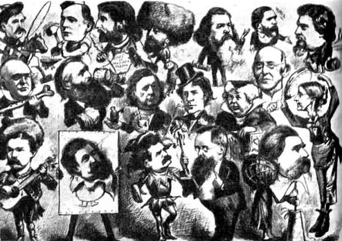 Популярные американские лекторы последней трети XIX века. Марк Твен изображен в костюме шута